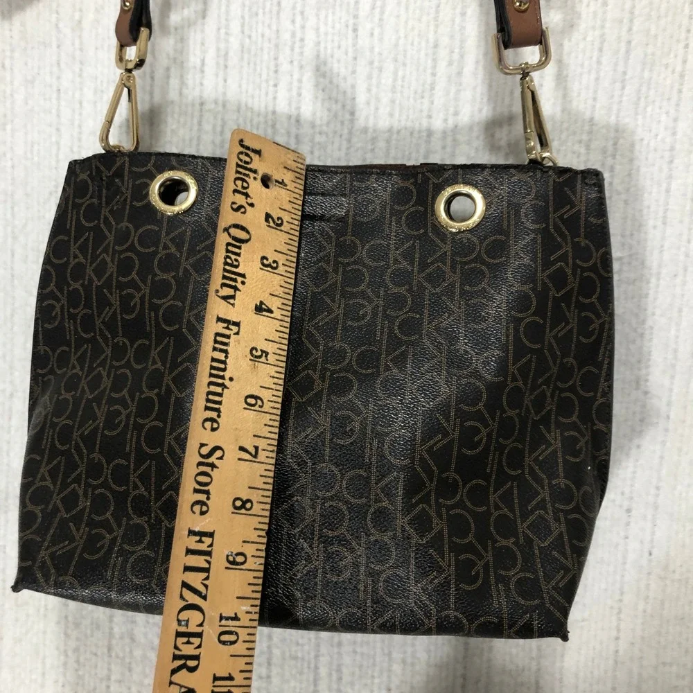 Calvin Klein Monogram Bucket Bag Tote Purse Dark Brown Gold Hardware‎